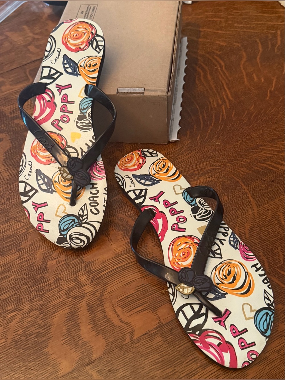 Coach Multicolor Poppy Floral Flip Flop Sandals with Black Straps Size 9